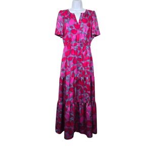 NIC+ZOE Womens Short Sleeve Pink Abstract Floral Tiered Maxi Dress Size S NWOT